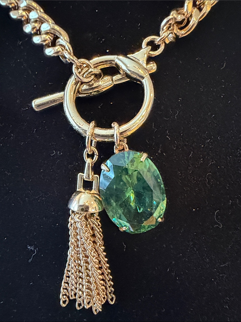 Gold Chain Necklace with Green Crystal Pendant and Tassel - Picture 2 of 2